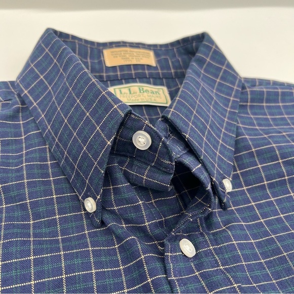 Vintage L.L. Bean Button-Up Shirt – Size 17.5x35 Made in USA – Navy Grid Check - Picture 6 of 13